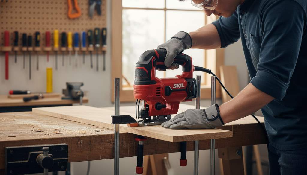 Person wearing safety glasses and gloves setting up jigsaw with clamped material