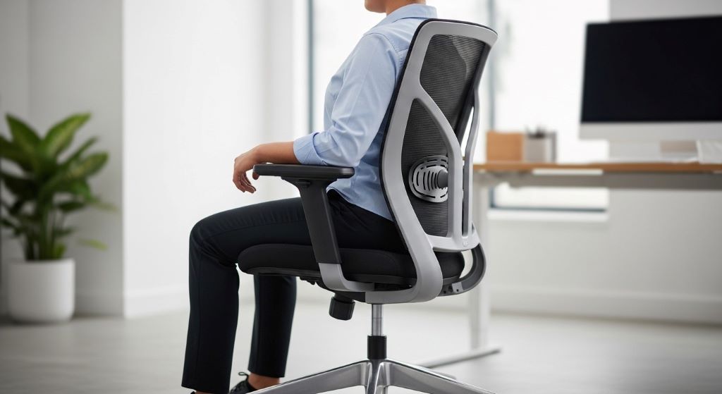 Person demonstrating correct sitting posture in adjustable chair with proper seat height and back support alignment
