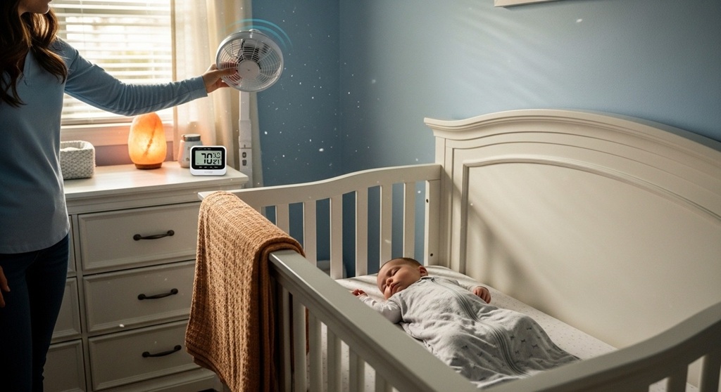 Baby sleeping in crib wearing breathable sleep sack at ideal nursery temperature