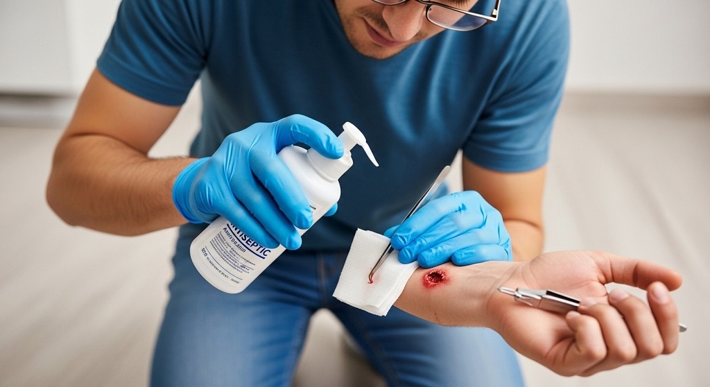 First aid steps showing how to stop bleeding from animal bite