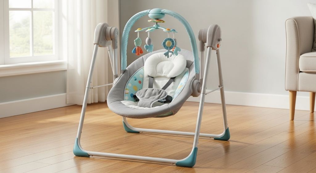 Portable baby swing with adjustable harness and sturdy frame designed to accommodate newborn through toddler weight ranges safely