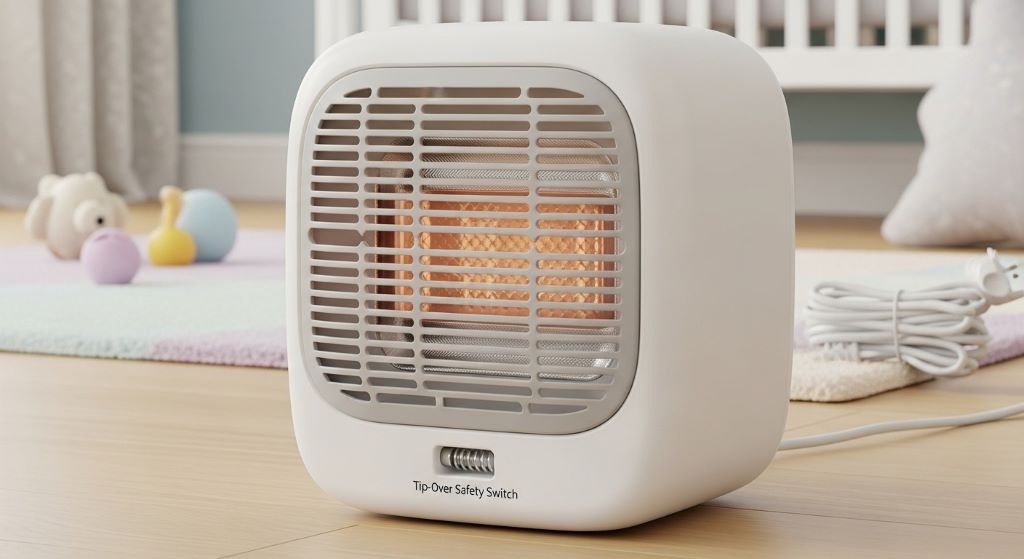 Ceramic space heater with protective grill and tip-over safety switch suitable for warming baby nursery quickly and efficiently