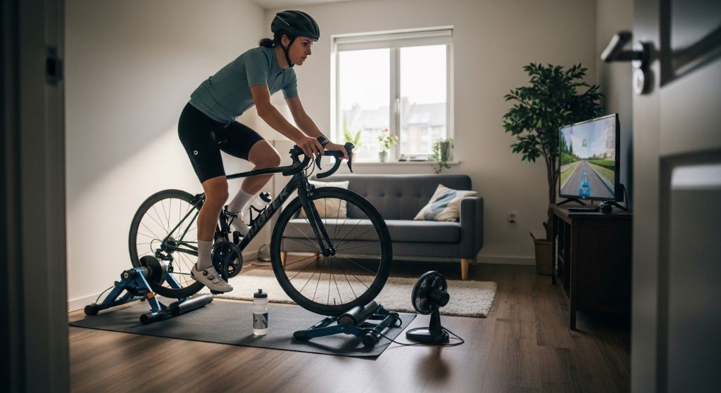 Cyclist using portable indoor bike training stand in small living room with equipment easily foldable for convenient storage after workout
