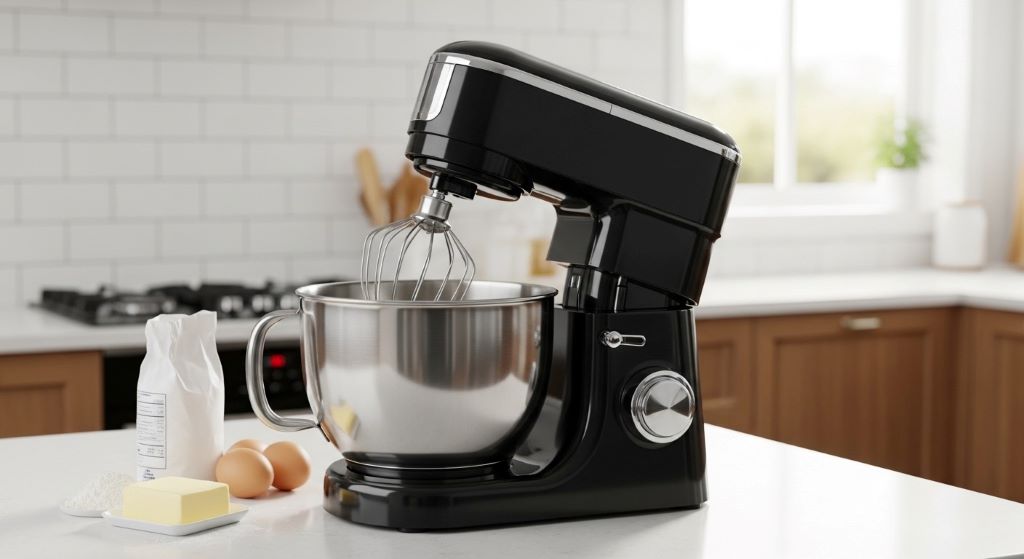 Modern stand mixer with stainless steel bowl and multiple attachments on kitchen counter ready for baking
