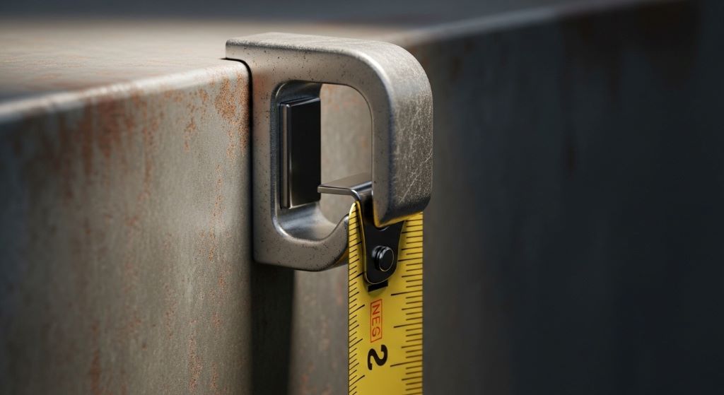 Close-up of magnetic hook gripping metal surface for hands-free measuring