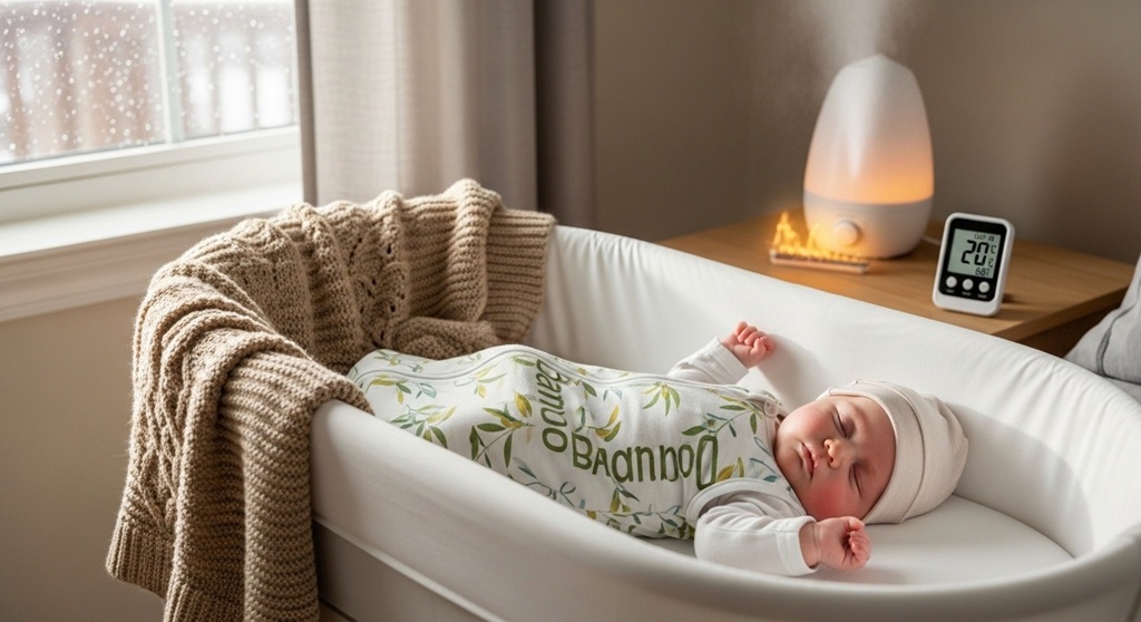 Digital thermometer and hygrometer showing safe nursery humidity level