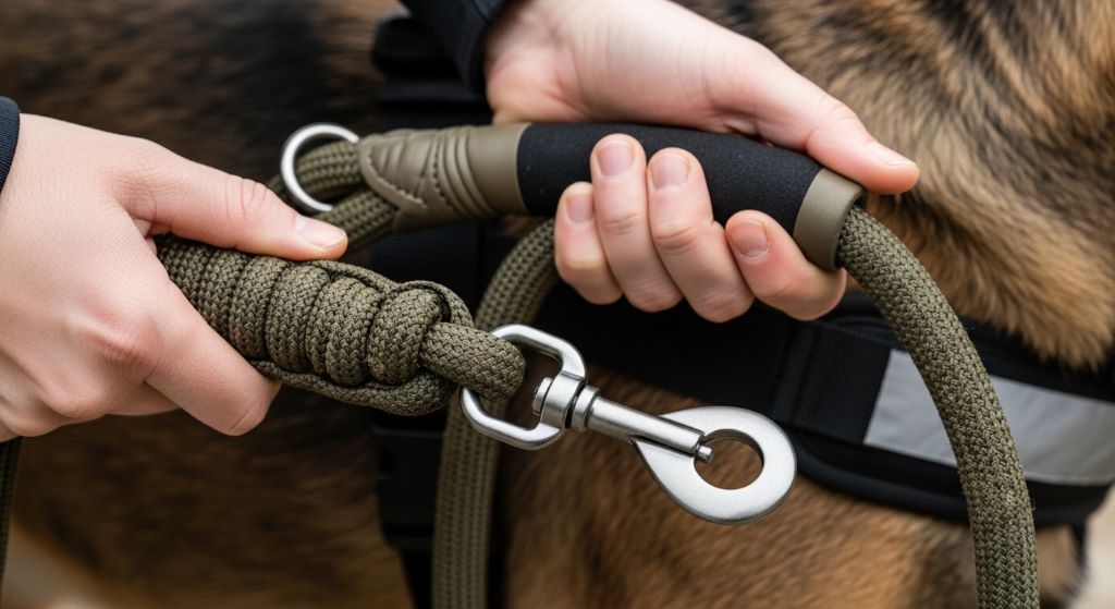 Close-up of hands gripping durable rope dog leash with reinforced handle and metal clip attached to large dog harness