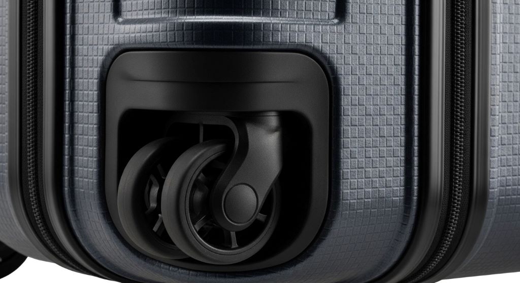 Close-up of scratch-resistant luggage surface showing protective textured finish and quality wheel system