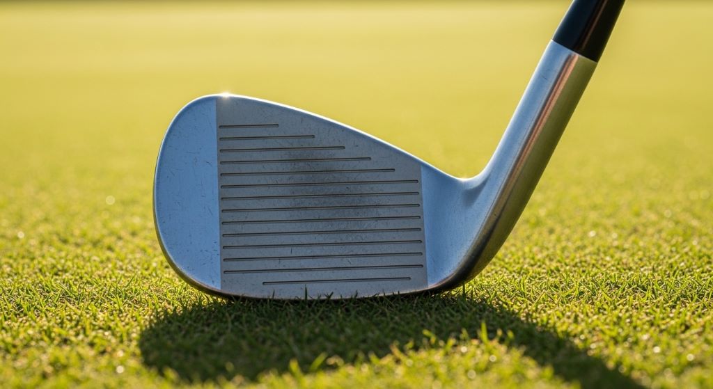 Close-up of a golf wedge sole showing bounce angle at address position