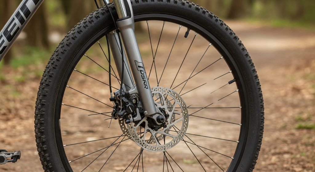 Close-up of a budget trail bicycle showing disc brakes, suspension fork, and knobby off-road tyres