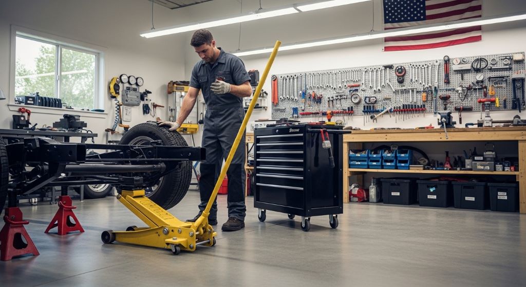 Mechanic using heavy-duty floor jack with jack stands in organized garage workspace
