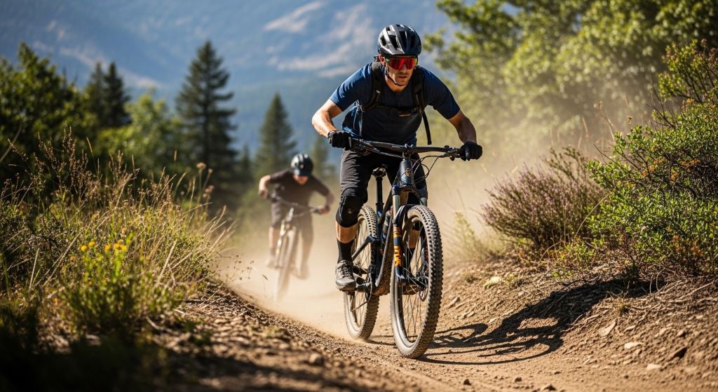Mountain biker riding rugged trail on long-lasting bicycle built for durability