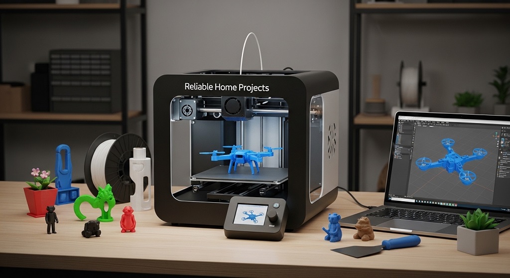 entry level 3D printer setup on home workspace desk