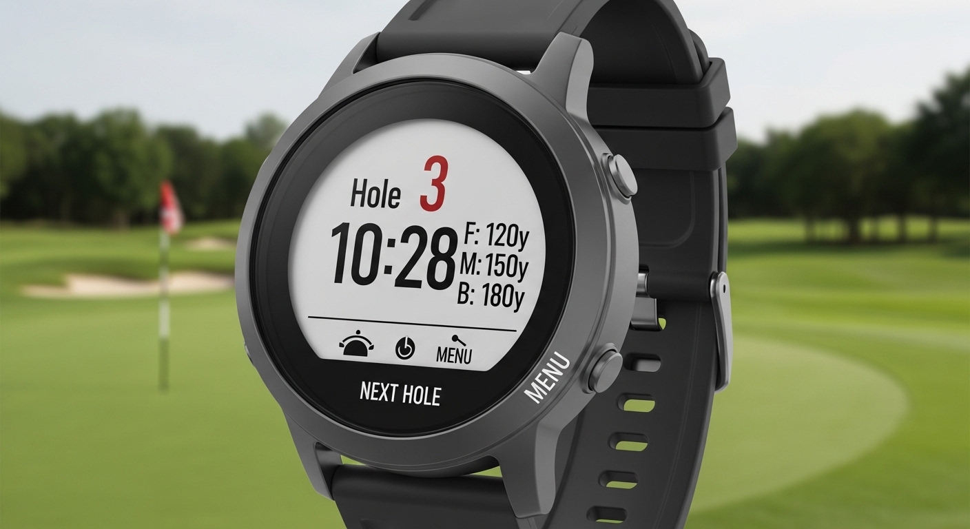 simple golf watch display showing front middle back yardage