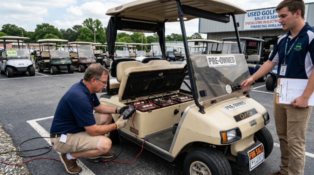 Buyer inspecting a used electric golf cart at a dealership lot while reviewing battery condition and features