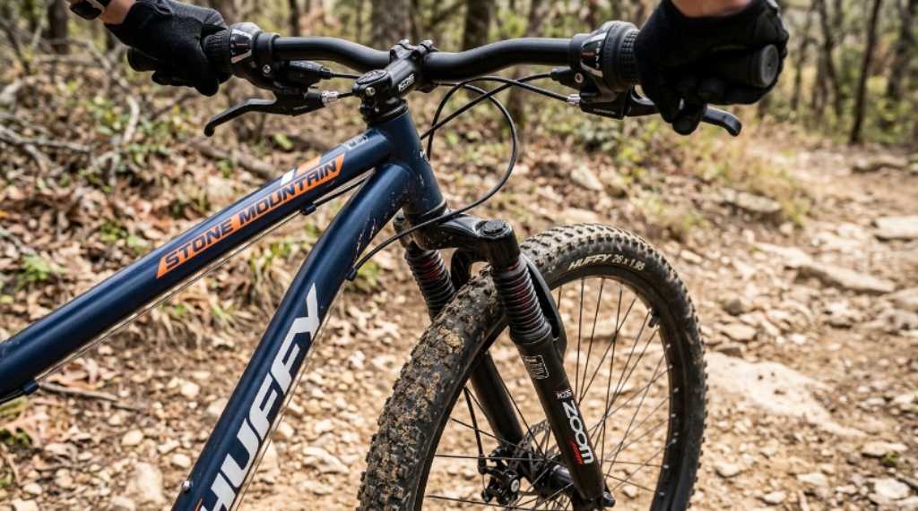 Close-up of a Huffy Stone Mountain bike showing the front suspension fork, knobby tires, and twist-grip shifters