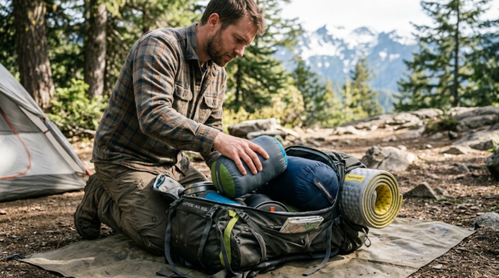 Hiker packing a small compressible pillow into a backpack alongside other trail sleep gear