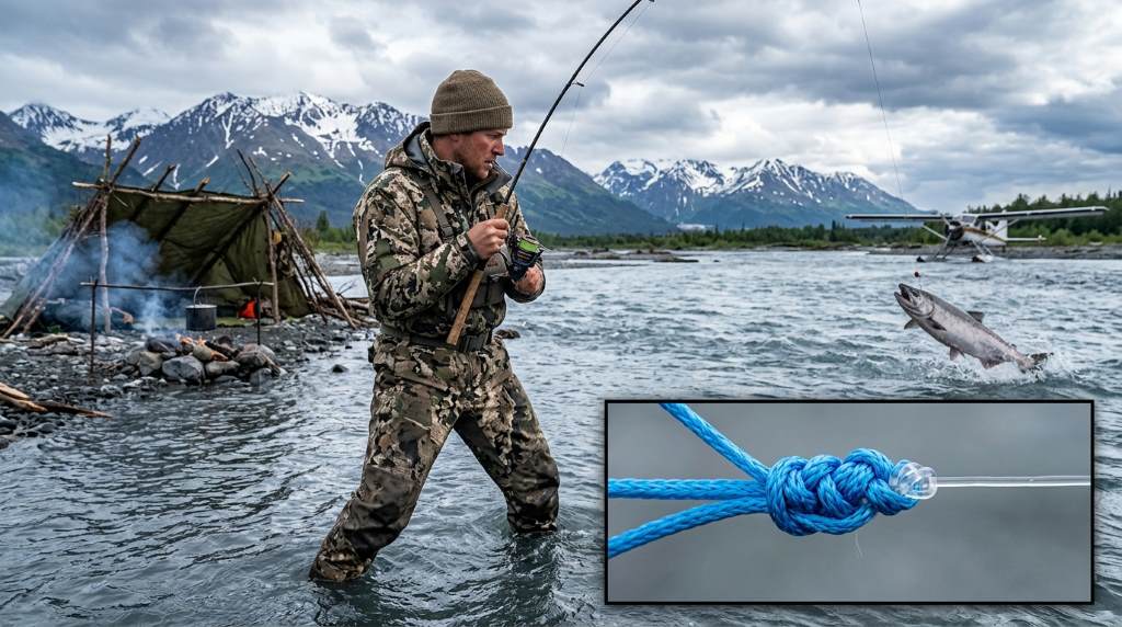 Outdoor fisherman preparing braided line and fluorocarbon leader near Anchorage mountain stream in winter conditions