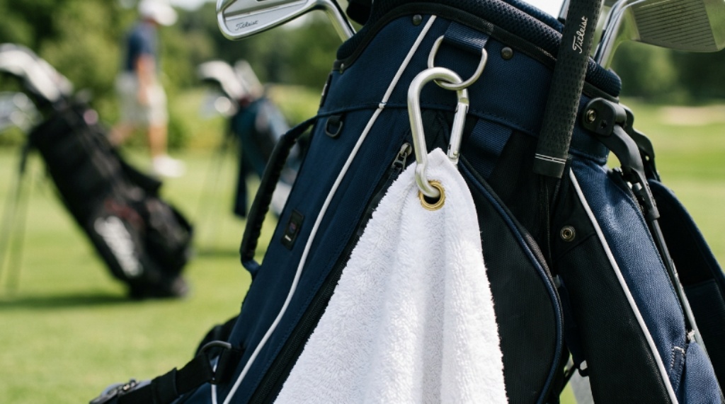 Close-up of a clean terry cotton golf towel hanging from a golf bag with a metal carabiner clip attached