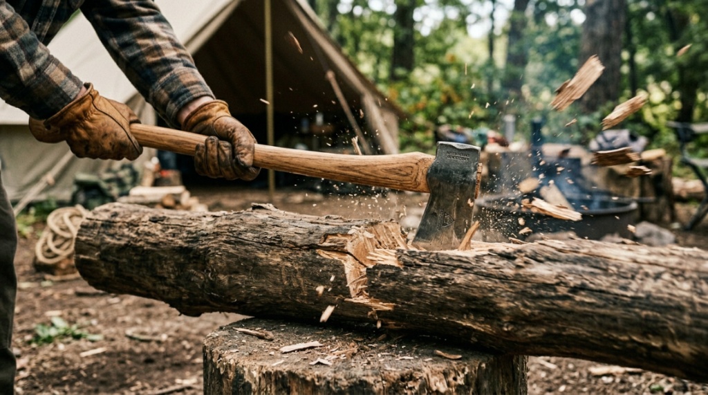 Two hands swinging a large camp axe down to split a heavy log at a campsite.