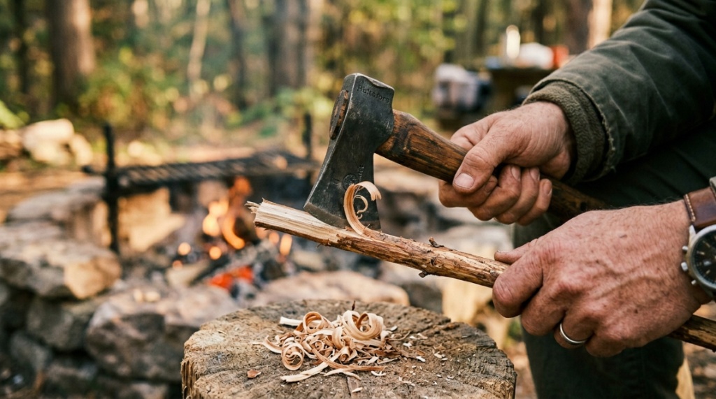 A camper using a small hatchet to shave fine tinder slices from a wooden stick.