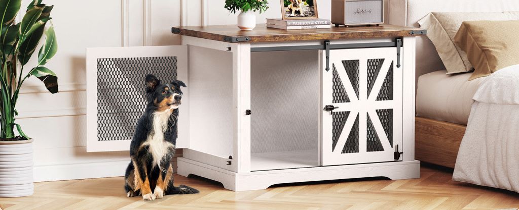 Wooden dog crate used as a side table in a minimalist home design
