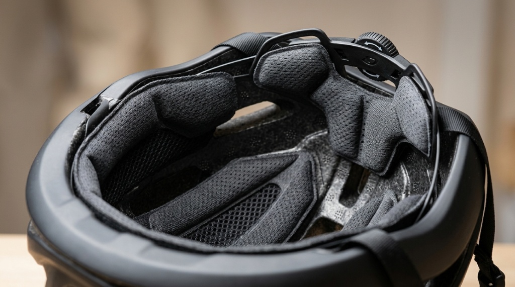 Interior view of a bike helmet showing thick padding and adjustment dial.