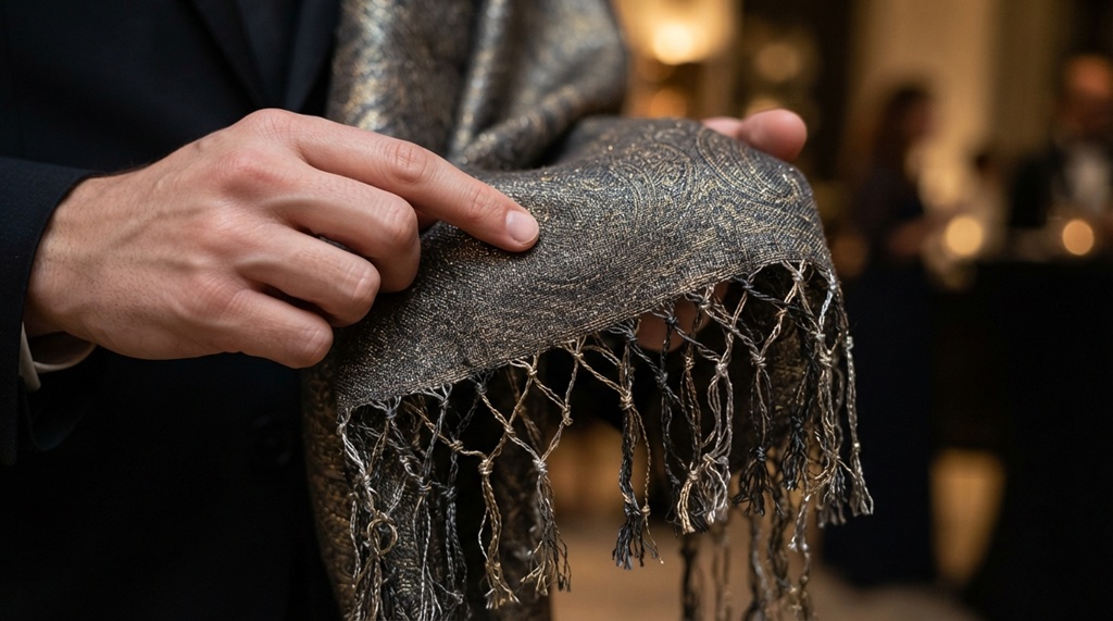 A close-up of a man touching the fine weave of a luxury evening shawl.