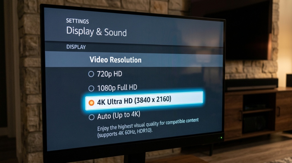Television screen displaying 4K Ultra HD video resolution settings menu.