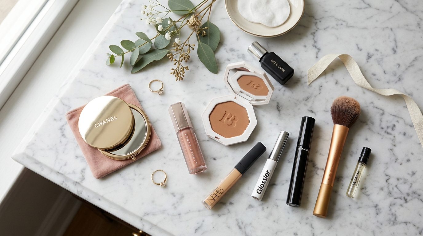 Trendy everyday makeup products arranged neatly on a marble surface