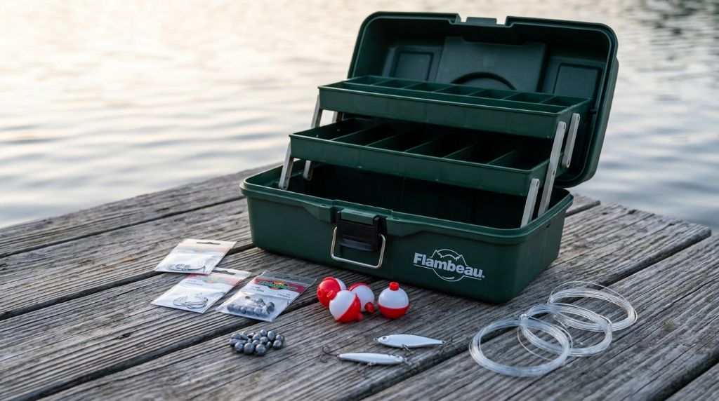 Shore fishing tackle box organized with essential gear