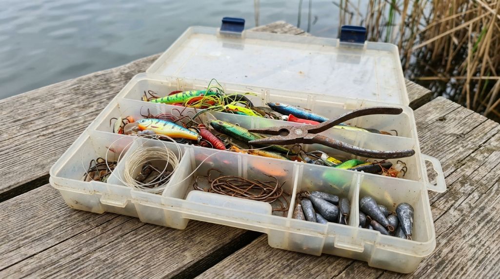 Fishing lures, hooks, and tools arranged in a tackle box