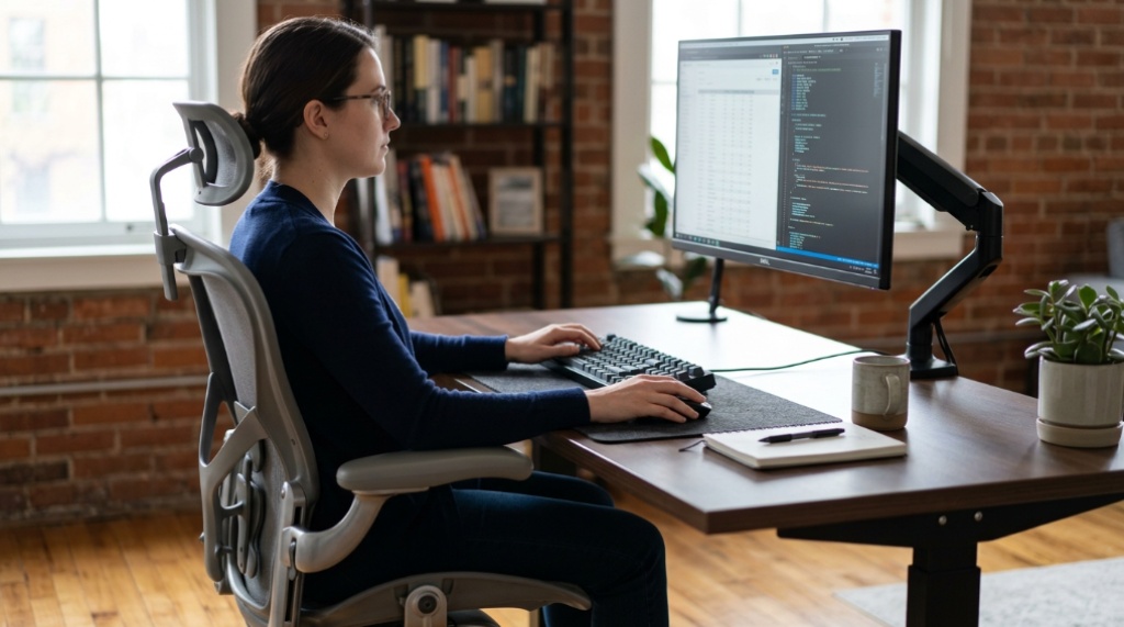 Person sitting at a desk demonstrating proper eye-level monitor placement.