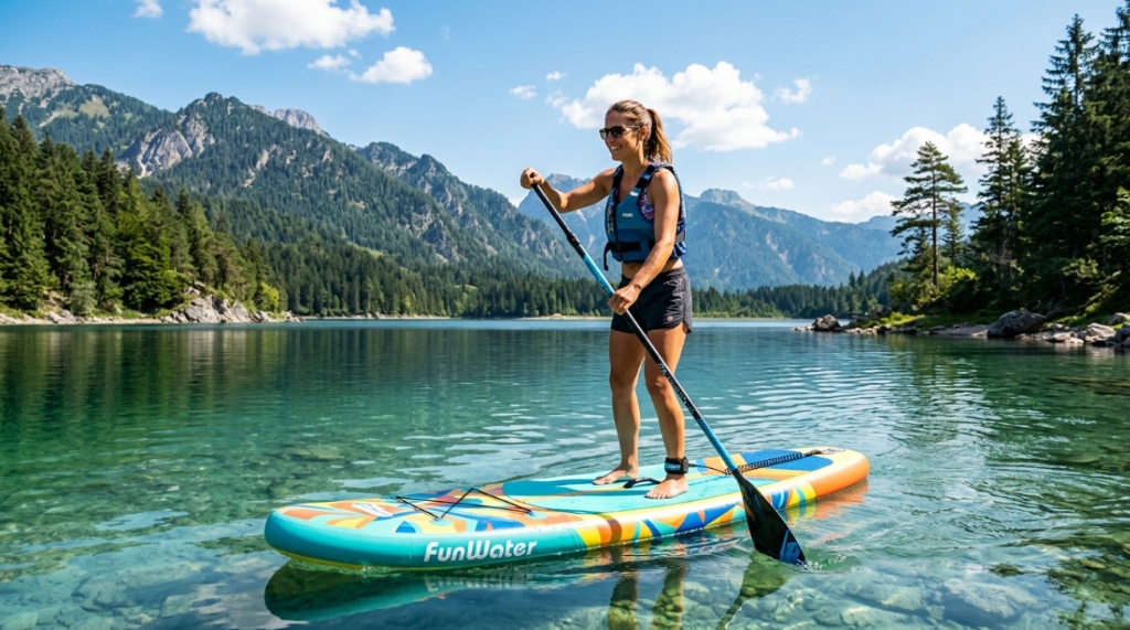 Woman inflating a FunWater stand up paddle board with a hand pump outdoors.