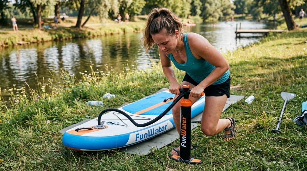 Person paddling a colorful FunWater inflatable stand up paddle board on a calm lake.