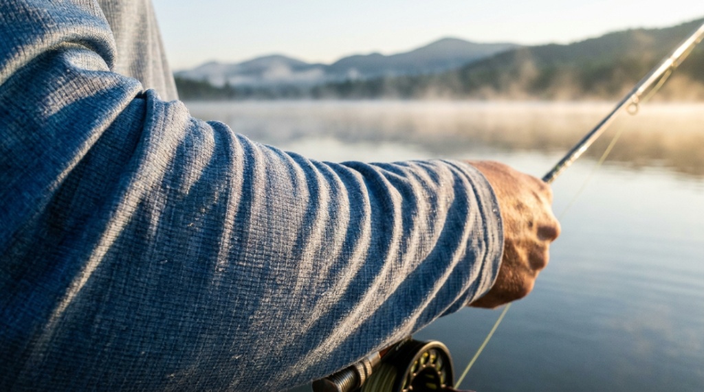 Close-up of fabric texture on a lightweight sun protection shirt outdoors.