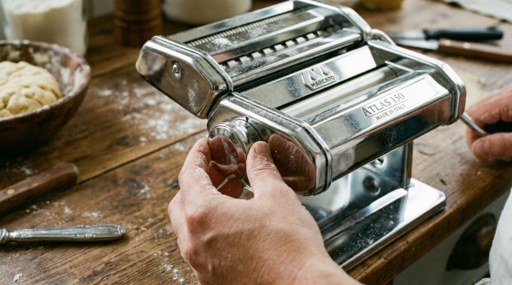 Marcato Atlas 150 and Imperia pasta makers on a wooden counter with fresh noodles.