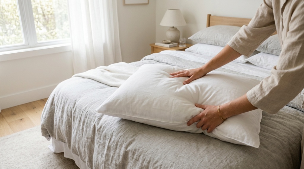 A person carefully placing a natural fill pillow into a front load washing machine.