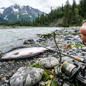 Angler tying Alberto Knot with fluorocarbon and braided line beside icy Anchorage river during survival fishing trip