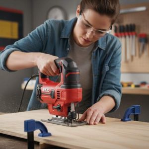 Beginner carefully making first straight cut with jigsaw on plywood workpiece