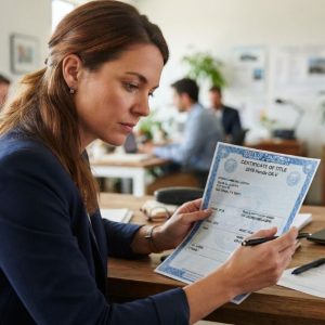 Used-car buyer checking vehicle title information