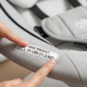 Parent checking weight limit label on portable baby swing with infant seat showing maximum capacity specifications