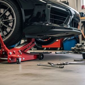 Low profile hydraulic floor jack positioned under sports car in home garage