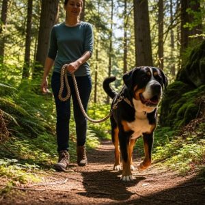 Strong large breed dog walking calmly beside owner holding thick braided rope leash during outdoor hike on forest trail