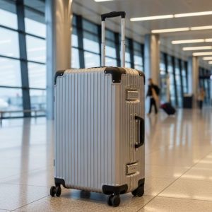 Durable aluminum suitcase with reinforced corners standing in modern airport terminal