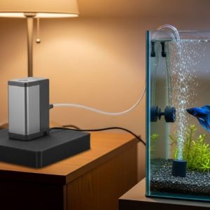Quiet aquarium air pump with vibration-dampening foam pad positioned beside bedroom fish tank with gentle bubbles rising