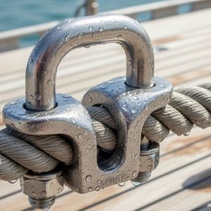 Stainless steel rope clamp installed on marine rope with proper saddle orientation