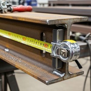 Magnetic tape measure attached to steel beam during fabrication work