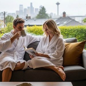 Seattle resident relaxing indoors wearing a breathable cotton robe