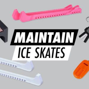 Hockey and figure skates drying with soft blade guards after use, demonstrating proper blade care and storage in Ohio